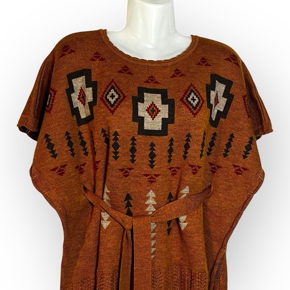 PENDLETON Brown Ashcreek Aztec Virgin Wool Tie Anthropologie Poncho sz XS / S - Picture 2 of 15